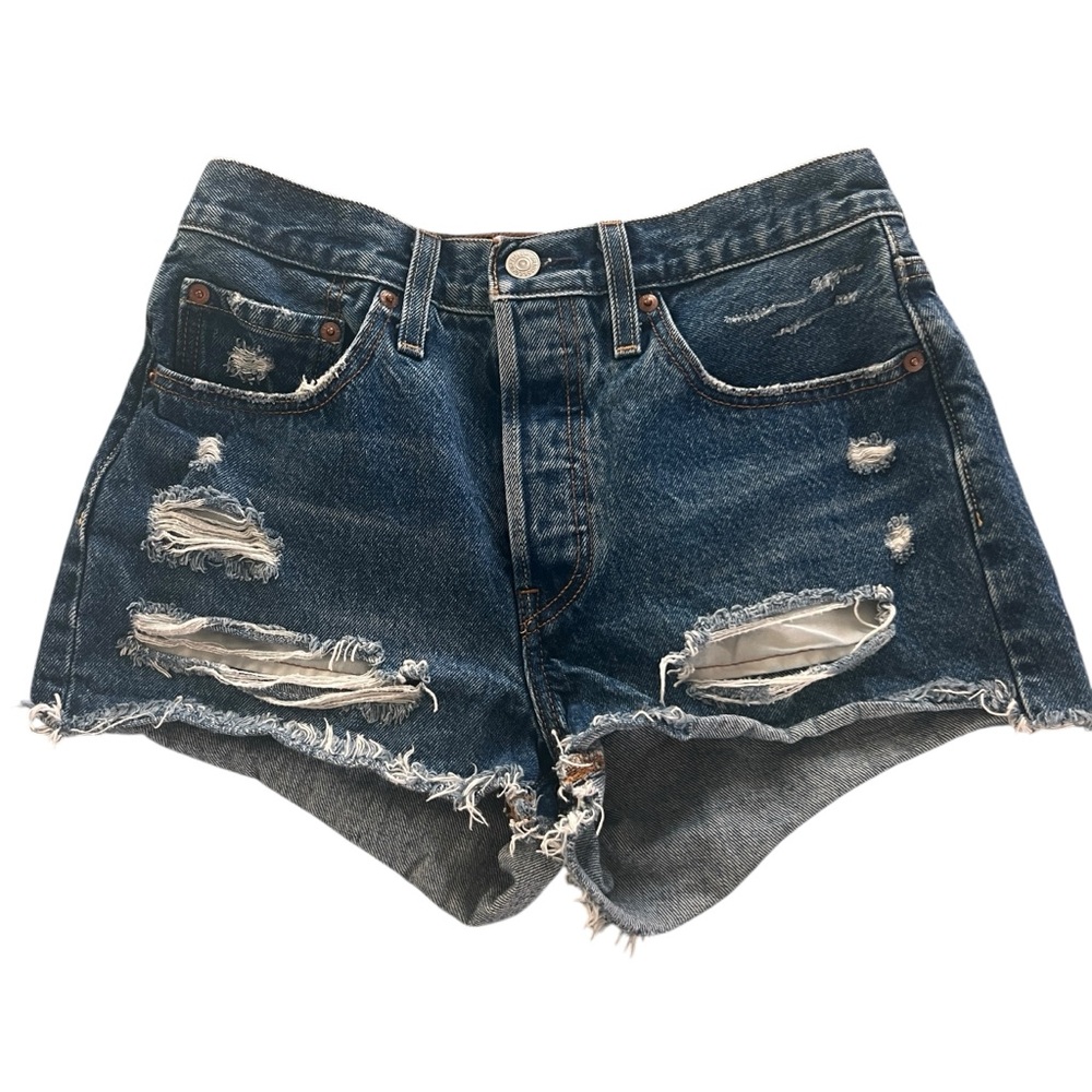 Levi's 501 Cut Off Denim Shorts Distressed Blue Button Fly W26